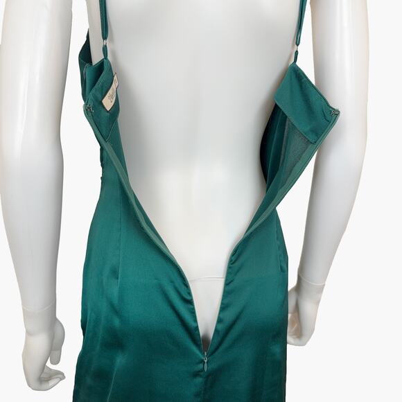 NWT 2BELLA "Sausalito" Satin Asymmetric Wrap Slit Midi Dress (Emerald | Size S) - Picture 6 of 9